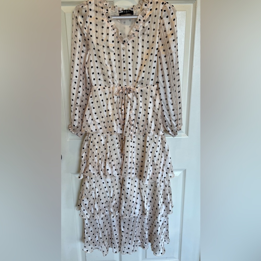 o.p.t Polka Dot Striped Tiered Ruffle Mini Dress XS Drawstring